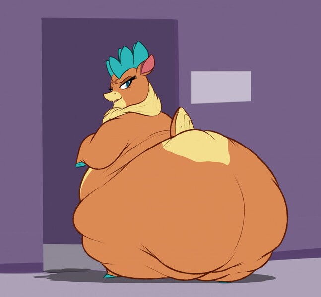 Size: 1280x1187 | Tagged: questionable, artist:astr0zone, derpibooru import, velvet reindeer, them's fightin' herds, bipedal, butt, community related, doorway, fat, huge butt, impossibly large butt, impossibly wide ass, impossibly wide hips, large butt, looking at you, looking back, looking back at you, morbidly obese, obese, solo, thicc ass, wide hips