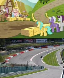 Size: 480x587 | Tagged: safe, derpibooru import, edit, edited screencap, screencap, pony, the cart before the ponies, applewood derby, belgium, circuit de spa francorchamps, derby racers, eau rouge, europe, hay bale, ponyville, race track, raidillon