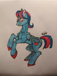 Size: 780x1040 | Tagged: safe, derpibooru import, oc, oc:hellfire, pegasus, pony, alternate cutie mark, blue fur, cutie mark, fur, male, red eyes, traditional art