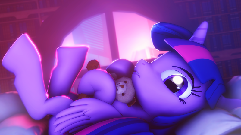 Size: 3840x2160 | Tagged: safe, artist:selestlight, derpibooru import, twilight sparkle, twilight sparkle (alicorn), alicorn, pony, 3d, cute, looking at you, pillow, source filmmaker, teddy bear, twiabetes, window