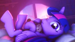 Size: 3840x2160 | Tagged: safe, artist:selestlight, derpibooru import, twilight sparkle, twilight sparkle (alicorn), alicorn, pony, 3d, cute, looking at you, pillow, source filmmaker, teddy bear, twiabetes, window