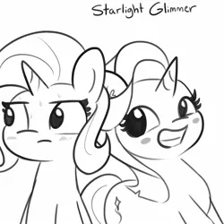 Size: 1650x1650 | Tagged: safe, artist:tjpones, derpibooru import, part of a set, starlight glimmer, trixie, pony, unicorn, blushing, grin, implied lesbian, implied shipping, implied startrix, monochrome, smiling, suggestive description, sweat