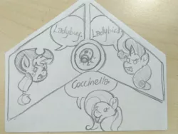 Size: 3200x2400 | Tagged: safe, artist:poecillia-gracilis19, derpibooru import, applejack, fluttershy, rarity, insect, ladybug, pony, starlight the hypnotist, spoiler:interseason shorts, italian, ladybird, latin, monochrome, pencil drawing, traditional art