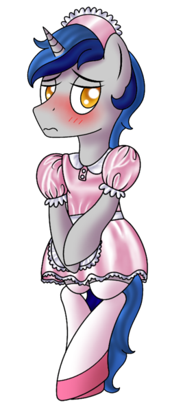 Size: 500x1050 | Tagged: safe, artist:cappie, derpibooru import, oc, oc:cappie, unofficial characters only, pony, unicorn, blushing, body pillow, body pillow design, clothes, crossdressing, dress, forced feminization, maid, maid headdress, male, satin, shiny, shoes, silk, simple background, sissy, skirt, socks, solo, stallion, stockings, thigh highs, transparent background, uniform