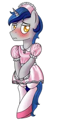 Size: 500x1050 | Tagged: safe, artist:cappie, derpibooru import, oc, oc:cappie, unofficial characters only, pony, unicorn, blushing, body pillow, body pillow design, clothes, crossdressing, dress, forced feminization, maid, maid headdress, male, satin, shiny, shoes, silk, simple background, sissy, skirt, socks, solo, stallion, stockings, thigh highs, transparent background, uniform