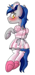 Size: 500x1050 | Tagged: safe, artist:cappie, derpibooru import, oc, oc:cappie, unofficial characters only, pony, unicorn, blushing, body pillow, body pillow design, clothes, crossdressing, dress, forced feminization, lock, maid, maid headdress, male, padlock, satin, shiny, shoes, silk, simple background, sissy, skirt, socks, solo, stallion, stockings, thigh highs, transparent background, uniform, zipper