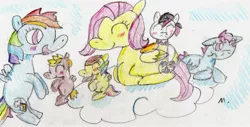 Size: 2354x1198 | Tagged: safe, artist:ptitemouette, derpibooru import, fluttershy, rainbow dash, oc, oc:butterfly, oc:chaotic tornado, oc:patch, oc:rainbow peace, hybrid, aunt and nephew, cousins, female, flutterdash, interspecies offspring, lesbian, magical lesbian spawn, mother and child, mother and daughter, offspring, parent:discord, parent:fluttershy, parent:princess celestia, parent:rainbow dash, parent:trenderhoof, parent:zephyr breeze, parents:dislestia, parents:flutterdash, parents:trenderbreeze, shipping, siblings, sisters