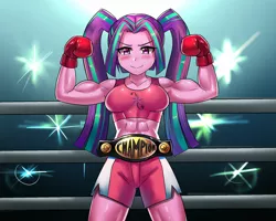 Size: 900x720 | Tagged: safe, artist:tzc, derpibooru import, part of a set, aria blaze, equestria girls, abs, anime, aria brute, aria buff, biceps, blushing, boxing, boxing gloves, boxing ring, camera flashes, championship belt, clothes, commission, female, flexing, looking at you, midriff, muscles, pigtails, shorts, smiling, solo, sports, sports bra, sports shorts