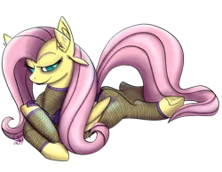 Size: 1280x994 | Tagged: safe, artist:twoshoesmcgee, derpibooru import, fluttershy, pony, fishnets, lipstick, prone, simple background, solo, transparent background