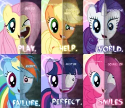 Size: 900x773 | Tagged: safe, artist:tehjadeh, derpibooru import, applejack, fluttershy, pinkie pie, rainbow dash, rarity, twilight sparkle, pony, flutterrage, furious, happy, mane six, opposite, pinkamena diane pie, split screen, twilight snapple, two sided posters, unhappy