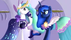 Size: 1280x720 | Tagged: safe, artist:jbond, derpibooru import, princess celestia, princess luna, alicorn, pony, canterlot boutique, accessory swap, amused, clothes, dress, duo, female, mare, over the moon, royal sisters, siblings, sisters, smiling, tripping the light