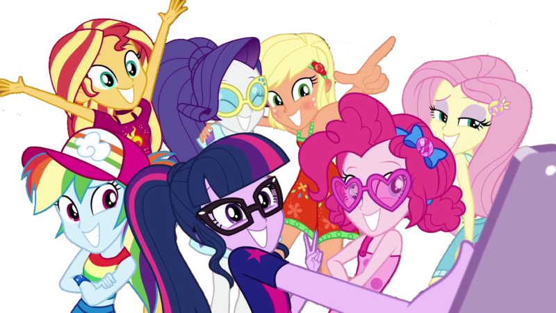 Size: 2048x1152 | Tagged: safe, derpibooru import, edit, edited screencap, editor:superbobiann, screencap, applejack, fluttershy, pinkie pie, rainbow dash, rarity, sci-twi, sunset shimmer, twilight sparkle, equestria girls, equestria girls series, i'm on a yacht, spoiler:eqg series (season 2), background removed, bad edit, geode of fauna, geode of sugar bombs, geode of super speed, geode of super strength, humane five, humane seven, humane six, magical geodes, mobile phone, not a vector, phone, pose, simple background, sleeveless, smartphone, transparent background