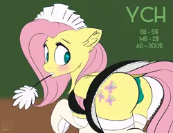 Size: 3500x2696 | Tagged: suggestive, artist:airfly-pony, derpibooru import, fluttershy, pony, blushing, butt, clothes, commission, cute, dress, embarrassed, embarrassed underwear exposure, female, flutterbutt, fluttermaid, green underwear, maid, panties, plot, rcf community, shy, skirt, skirt lift, socks, solo, solo female, stockings, thigh highs, underwear, upskirt, ych example, your character here