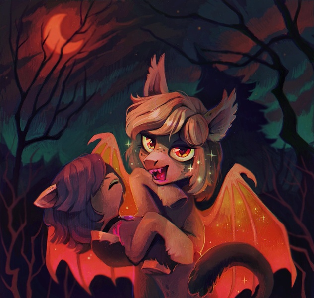 Size: 1100x1042 | Tagged: semi-grimdark, artist:dearmary, derpibooru import, oc, unofficial characters only, bat pony, earth pony, pony, vampire, vampire bat pony, vampony, bat wings, blood, blood moon, branches, bust, choker, cloud, crescent moon, duo, ear fluff, fangs, female, forest, freckles, looking at you, mare, moon, neck biting, night, night sky, open mouth, red eyes, sharp teeth, sky, spread wings, starry wings, teeth, tree, underhoof, unshorn fetlocks, vampirism, wings