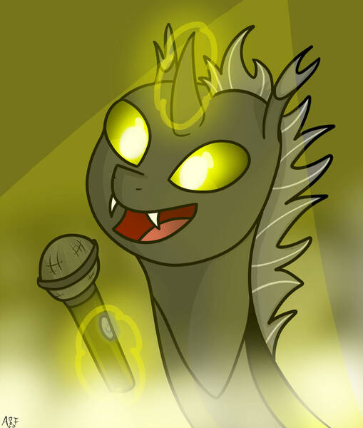 Size: 1024x1206 | Tagged: artist:atomfliege, bust, changeling, changeling oc, derpibooru import, microphone, oc, oc:warplix, open mouth, safe, simple background, singing, solo, teeth, unofficial characters only, yellow background, yellow changeling