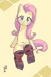 Size: 1200x1800 | Tagged: safe, artist:yanamosuda, derpibooru import, fluttershy, pony, blushing, clothes, cute, female, mare, shyabetes, smiling, socks, solo, stockings, thigh highs