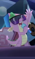 Size: 322x540 | Tagged: claws, cropped, derpibooru import, dragon, fangs, glasses, male, mc spike, microphone, my little pony: the movie, open mouth, safe, screencap, solo, spike, sunglasses, tail