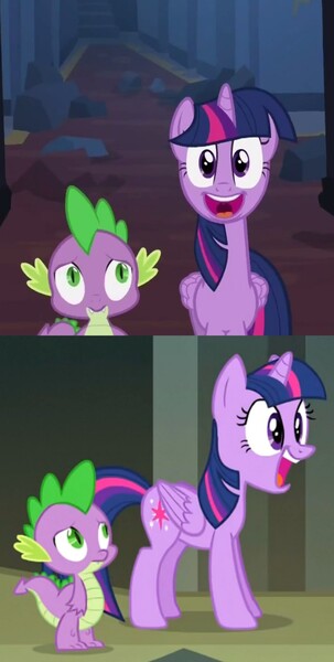 Size: 796x1574 | Tagged: safe, derpibooru import, edit, edited screencap, screencap, spike, twilight sparkle, twilight sparkle (alicorn), alicorn, dragon, pony, castle mane-ia, adorkable, angle, comparison, cute, dork, duo, excited, faic, female, gasp, happy, male, mare, open mouth