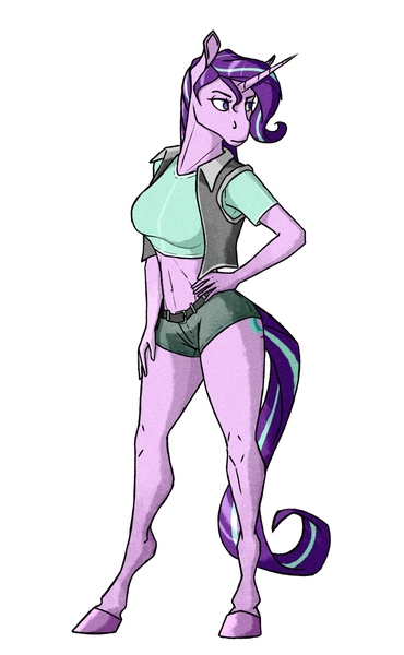 Size: 1232x2000 | Tagged: safe, artist:akweer, derpibooru import, starlight glimmer, anthro, unguligrade anthro, unicorn, belly button, clothes, female, hand on hip, mare, midriff, shorts, simple background, solo, tanktop, vest, white background