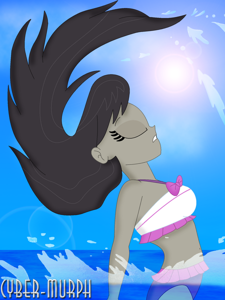 Size: 1512x2016 | Tagged: safe, artist:cyber-murph, derpibooru import, octavia melody, equestria girls, beautisexy, belly button, bikini, bow, clothes, eyes closed, hair flip, midriff, ocean, signature, splash, sun, swimming, swimsuit