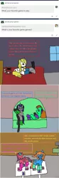 Size: 1203x3627 | Tagged: safe, artist:ask-luciavampire, derpibooru import, oc, bat pony, earth pony, pegasus, pony, unicorn, tumblr:ask-the-pony-gamers, ask, dance dance revolution, game, tumblr