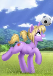 Size: 1200x1702 | Tagged: safe, artist:scheadar, derpibooru import, oc, pony, unicorn, ball, cloud, female, football, grass, mare, open mouth, sky, solo, sports