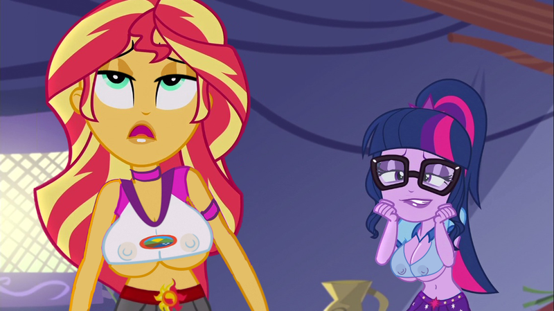 Size: 1100x618 | Tagged: dead source, questionable, artist:annon, derpibooru import, edit, edited screencap, screencap, sci-twi, sunset shimmer, twilight sparkle, equestria girls, legend of everfree, areola, bedroom eyes, big breasts, bimbo, bimbo edit, bimbo sci-twi, bimbo shimmer, bimbo sparkle, breast edit, breasts, busty sunset shimmer, busty twilight sparkle, choker, cleavage, clothes, duo, duo female, eyeshadow, female, huge breasts, lipstick, makeup, nipples, nudity, sci-twi is a turboslut, see-through, sexy, show style adventure, stupid sexy sci-twi, stupid sexy sunset shimmer, stupid sexy twilight, underboob