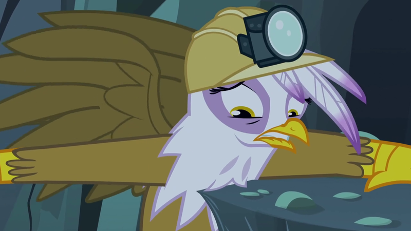 Size: 1280x720 | Tagged: safe, derpibooru import, screencap, gilda, gryphon, the lost treasure of griffonstone, female, headlamp, helmet, mining helmet, solo, worried