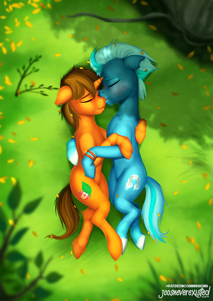 Size: 905x1279 | Tagged: safe, artist:jcosneverexisted, derpibooru import, oc, oc:ice walker, oc:splash heal, unofficial characters only, pony, blushing, commission, eyes closed, forest, gay, lying down, male, patreon, reward, shipping, stallion