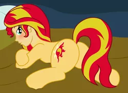 Size: 2371x1739 | Tagged: suggestive, artist:badumsquish, derpibooru import, edit, sunset shimmer, human head pony, original species, equestria girls, bed, bedroom eyes, blushing, butt, crossed hooves, cursed image, downvote bait, draw me like one of your french girls, female, half-pony, human head, looking at you, looking back, looking back at you, monster, not salmon, plot, prone, reverse anthro, smiling, smirk, solo, wat, what has magic done, what has science done