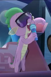 Size: 305x458 | Tagged: claws, cropped, derpibooru import, glasses, great moments in animation, male, mc spike, microphone, my little pony: the movie, open mouth, safe, screencap, smiling, spike, tail