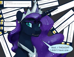 Size: 1280x989 | Tagged: suggestive, artist:silfoe, derpibooru import, nightmare moon, alicorn, pony, moonsetmlp, alternate universe, ask, bust, dialogue, explicit text, fangs, female, horn, jewelry, looking at you, mare, not nyx, regalia, reversalmushroom, slit eyes, slit pupils, solo, speech bubble, tumblr