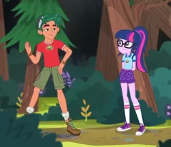 Size: 722x621 | Tagged: safe, derpibooru import, screencap, sci-twi, timber spruce, twilight sparkle, equestria girls, boots, camp everfree logo, camp everfree outfits, clothes, converse, cropped, female, glasses, legs, male, ponytail, shoes, shorts, smiling, sneakers, socks