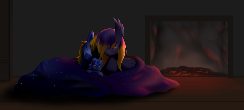 Size: 2500x1132 | Tagged: safe, artist:brightroom, derpibooru import, princess luna, oc, oc:blooming lotus, oc:thunder lightning, unofficial characters only, pegasus, pony, blanket, commission, fireplace, plushie, thunming