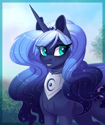 Size: 1624x1920 | Tagged: safe, artist:peridotkitty, derpibooru import, princess luna, alicorn, pony, bust, chest fluff, cute, ear fluff, ethereal mane, eye clipping through hair, female, freckles, gradient mane, looking away, lunabetes, mare, peytral, portrait, redesign, shoulder freckles, smiling, solo, starry mane