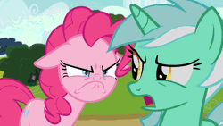 Size: 960x540 | Tagged: safe, derpibooru import, edit, edited screencap, editor:lolledits, screencap, lyra heartstrings, pinkie pie, earth pony, pony, unicorn, rock solid friendship, angry, animated, female, floppy ears, gif, literal face off, mare, no face, not salmon, scared, unexpected, wat