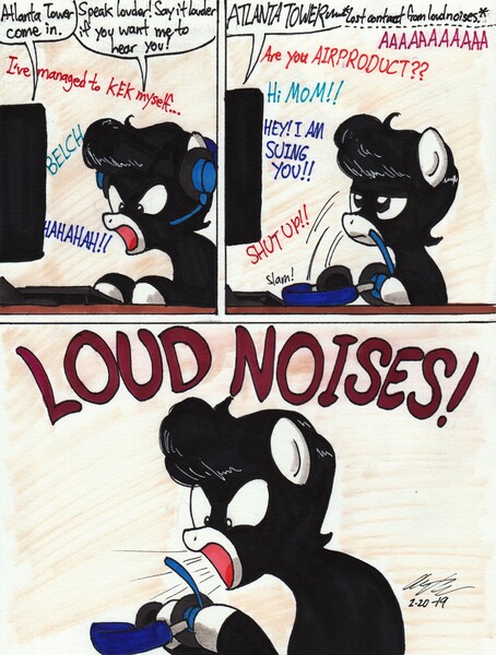 Size: 2085x2758 | Tagged: safe, artist:newyorkx3, derpibooru import, oc, oc:tommy junior, earth pony, pony, ask, chat, flight simulator, gaming, headphones, loud, noise, online, rage, screaming