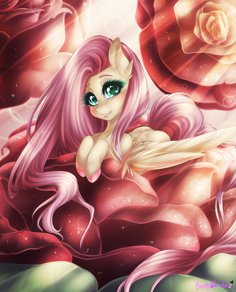Size: 1749x2160 | Tagged: safe, artist:bunnywhiskerz, derpibooru import, fluttershy, pegasus, pony, cute, female, flower, looking at you, mare, rose, shyabetes, smiling, solo