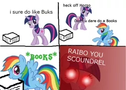 Size: 640x456 | Tagged: safe, derpibooru import, rainbow dash, twilight sparkle, pegasus, pony, unicorn, angry, book, dank memes, descriptive noise, duo, female, glowing eyes, glowing eyes meme, heck, intentional spelling error, mare, meme, misspelling, open mouth, raised hoof, simple background, smiling, stock vector, stylistic suck, text, that pony sure does love books, unicorn twilight, wat, white background