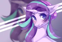 Size: 1578x1058 | Tagged: safe, artist:kaitowivil, derpibooru import, starlight glimmer, ponified, pony, unicorn, equestria girls, mirror magic, spoiler:eqg specials, beanie, blushing, bust, cheek fluff, colored pupils, cute, ear fluff, equestria girls ponified, eye clipping through hair, female, floppy ears, glimmerbetes, hat, mare, portrait, smiling, solo, zoom layer