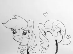 Size: 1615x1189 | Tagged: safe, artist:tjpones, derpibooru import, fluttershy, rainbow dash, pony, black and white, blushing, collar, cute, ear fluff, eyes closed, female, floating heart, grayscale, heart, implied flutterdash, implied lesbian, implied pet play, implied shipping, leash, lineart, mare, monochrome, mouth hold, open mouth, pencil drawing, pet play, pet tag, pet-dash, simple background, smiling, traditional art