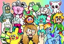 Size: 4000x2762 | Tagged: safe, artist:raystar-draws, derpibooru import, rainbow dash, oc, human, pegasus, pikachu, pony, yoshi, spoiler:deltarune, asriel dreemurr, bender bending rodriguez, care bears, cookie run, crossover, cuphead, cuphead (character), deltarune, female, futurama, humanized, kidcore, kirby, kirby (character), link, nintendo, pammee, pancake cookie, persona, pokémon, ralsei, rhythm heaven, super mario bros., the legend of zelda, thomas the tank engine, toon link, undertale, wish bear, yoohoo & friends