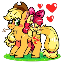 Size: 3732x3738 | Tagged: safe, artist:raystar-draws, derpibooru import, apple bloom, applejack, earth pony, pony, adorabloom, blushing, bow, cute, duo, female, filly, foal, freckles, grass, hair bow, hay stalk, heart, jackabetes, kidcore, mare, siblings, sisterly love, sisters, smiling, straw in mouth