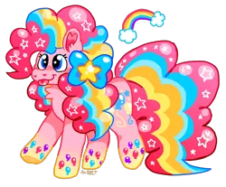 Size: 3000x2479 | Tagged: safe, artist:raystar-draws, derpibooru import, pinkie pie, earth pony, pony, alternate hairstyle, bow, bright colours, chest fluff, colored lineart, cute, ear fluff, ethereal mane, female, hair bow, kidcore, long mane, long tail, mare, rainbow, rainbow power, signature, simple background, smiling, solo, sparkles, starry mane, tongue out, transparent background, wingding eyes