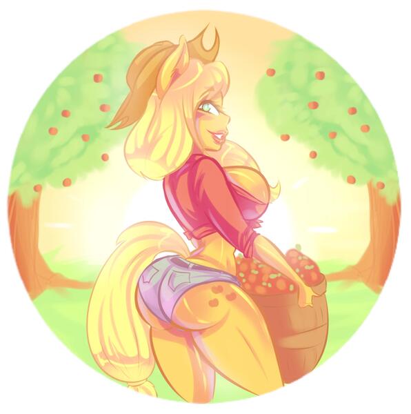 Size: 2021x2036 | Tagged: suggestive, artist:girlycurlyq, artist:girlyq, derpibooru import, applejack, anthro, apple, applebucking thighs, applebutt, apple tree, breasts, busty applejack, butt, food, looking at you, the ass was fat, tree