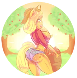Size: 2021x2036 | Tagged: suggestive, artist:girlycurlyq, artist:girlyq, derpibooru import, applejack, anthro, earth pony, human, apple, applebucking thighs, applebutt, apple tree, breasts, busty applejack, butt, clothes, female, food, humanized, looking at you, simple background, solo, solo female, the ass was fat, transparent background, tree