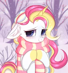 Size: 1922x2080 | Tagged: safe, artist:pesty_skillengton, derpibooru import, oc, unofficial characters only, pony, unicorn, clothes, cute, female, floppy ears, heart eyes, mare, scarf, snow, snowfall, solo, tree, wingding eyes, winter