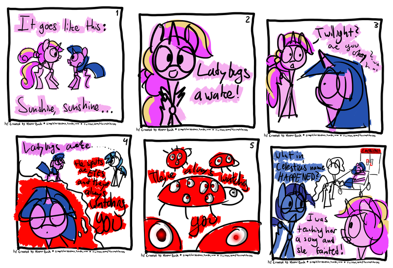 Size: 3248x2216 | Tagged: safe, artist:hyper dash, derpibooru import, night light, princess cadance, shining armor, twilight sparkle, insect, ladybug, pony, coccinellidaephobia, comic, fainted, hospital, passed out, ptsd, shocked expression, simplehorsecomic, trypophobia, twilight hates ladybugs