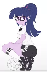 Size: 987x1500 | Tagged: safe, artist:ncmares, derpibooru import, sci-twi, twilight sparkle, equestria girls, adorasexy, ass, ball, behind, butt, cleats, clothes, cute, eyelashes, female, football, germany, glasses, kneesocks, looking at you, no pupils, panty line, ponytail, pose, sexy, shirt, shoes, shorts, simple background, sketch, smiling, sneakers, socks, solo, sports, sports outfit, sports shorts, sporty style, squatting, stupid sexy sci-twi, sultry pose, t-shirt, thighs, tight clothing, tomboy, twiabetes, twibutt, white background