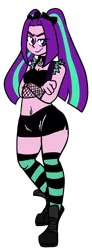 Size: 517x1402 | Tagged: safe, artist:/d/non, derpibooru import, aria blaze, equestria girls, rainbow rocks, ariabetes, bare shoulders, belly button, bow, breasts, choker, cleavage, clothes, colored pupils, crossed arms, cute, female, fishnets, hair bow, miniskirt, pigtails, ponytail, side slit, simple background, skirt, sleeveless, socks, solo, striped socks, thigh highs, thighs, transparent background, twintails, zettai ryouiki